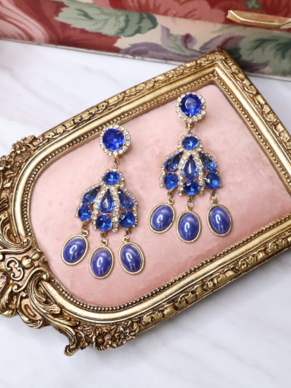 Vintage Blue Rhinestone Chandelier Clip On Earrings Statement Dangle